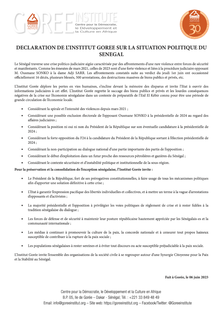 Déclaration de l’Institut Gorée sur la situation politique du Sénégal