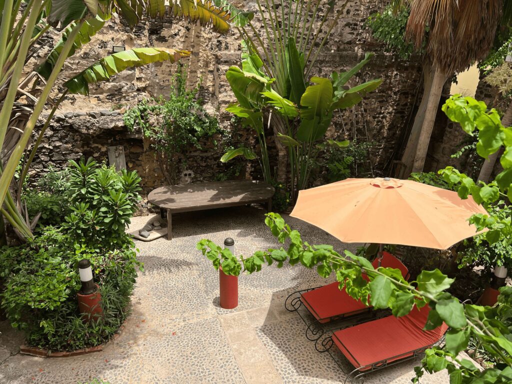 Centre de conférence TERAL 8 Jardin ombragé de TERAL, parasol orange et végétation tropicale