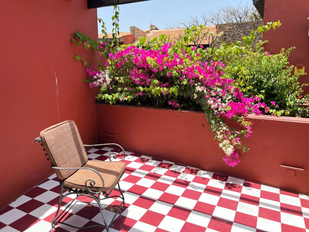 Centre de conférence TERAL 11 Terrasse carrelée de rouge et blanc, bougainvilliers en fleurs
