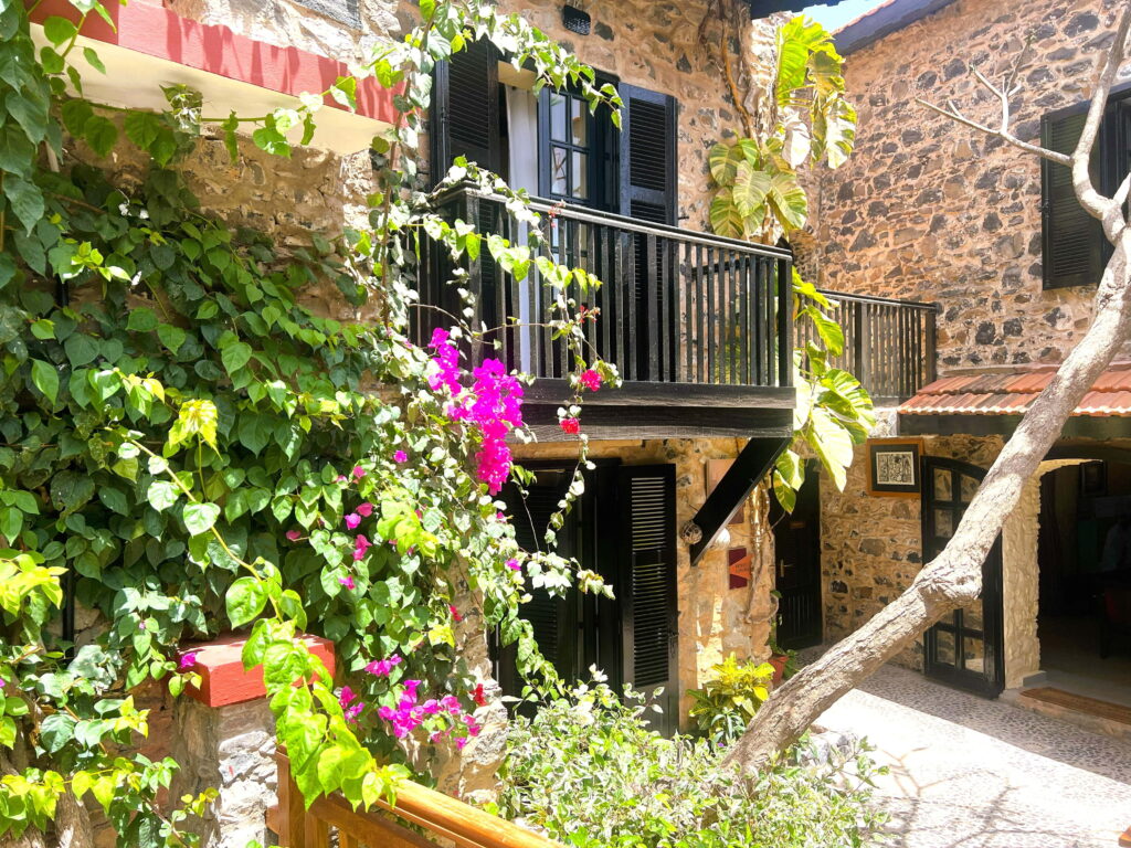 Centre de conférence TERAL 14 Façade en pierre couverte de végétation et de bougainvilliers