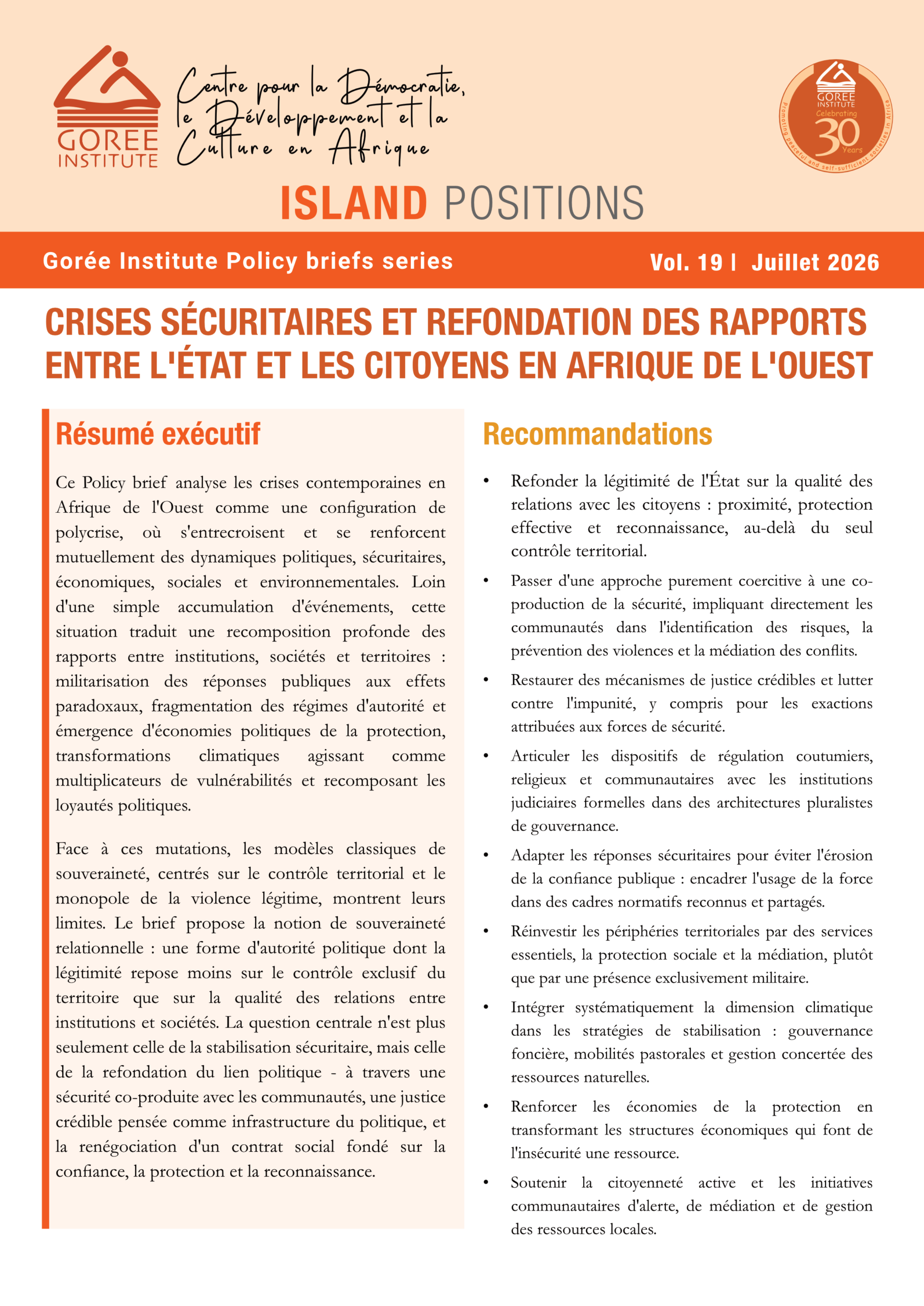 Island Positions | Vol 019 | Juillet 2026 | Crises Sécuritaires et refondations des rapports entre l'Etat et les Citoyens en Afrique de l'Ouest 1 Island Positions vol. 019 juillet 2026 scaled