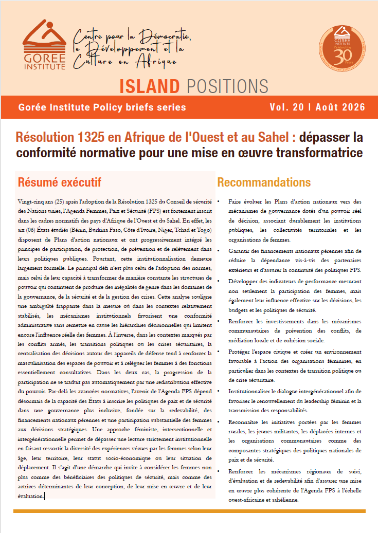 ISLAND POSITIONS | VOL. 20 | AOÛT 2026 | Résolution 1325 en Afrique de l'Ouest et au Sahel : dépasser la conformité normative pour une mise en oeuvre transformatrice 1 Capture decran 2026 09 19 063112