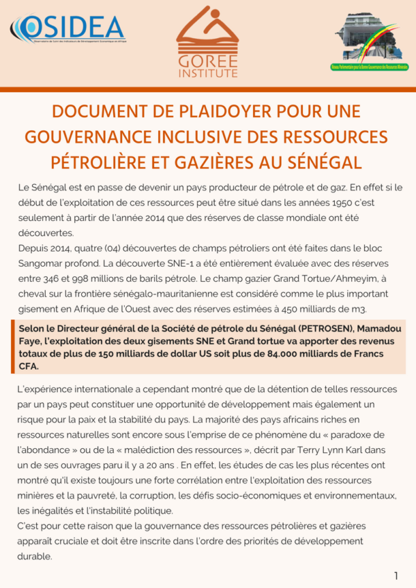 Gouvernance inclusive des ressources pétrolières et gazières au Sénégal : voici le Document de plaidoyer produit à l’issue de la journée de réflexion